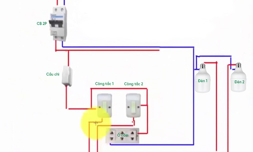 Cách đấu điện 2 công tắc 1 ổ cắm